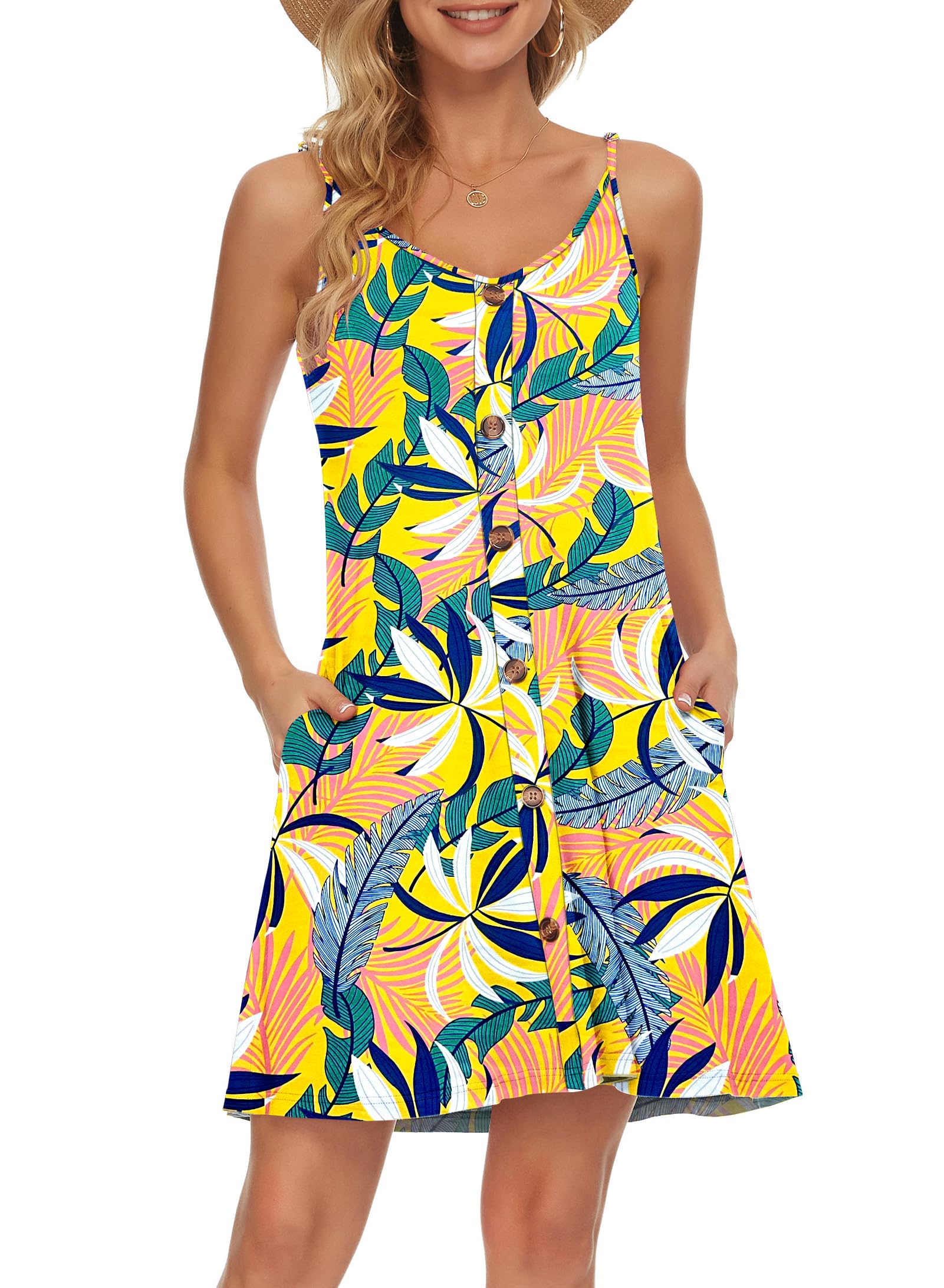 AUSELILY Women's Summer Dresses Spaghetti Strap Beach Wear Cover Ups V Neck Casual Dress with Pockets