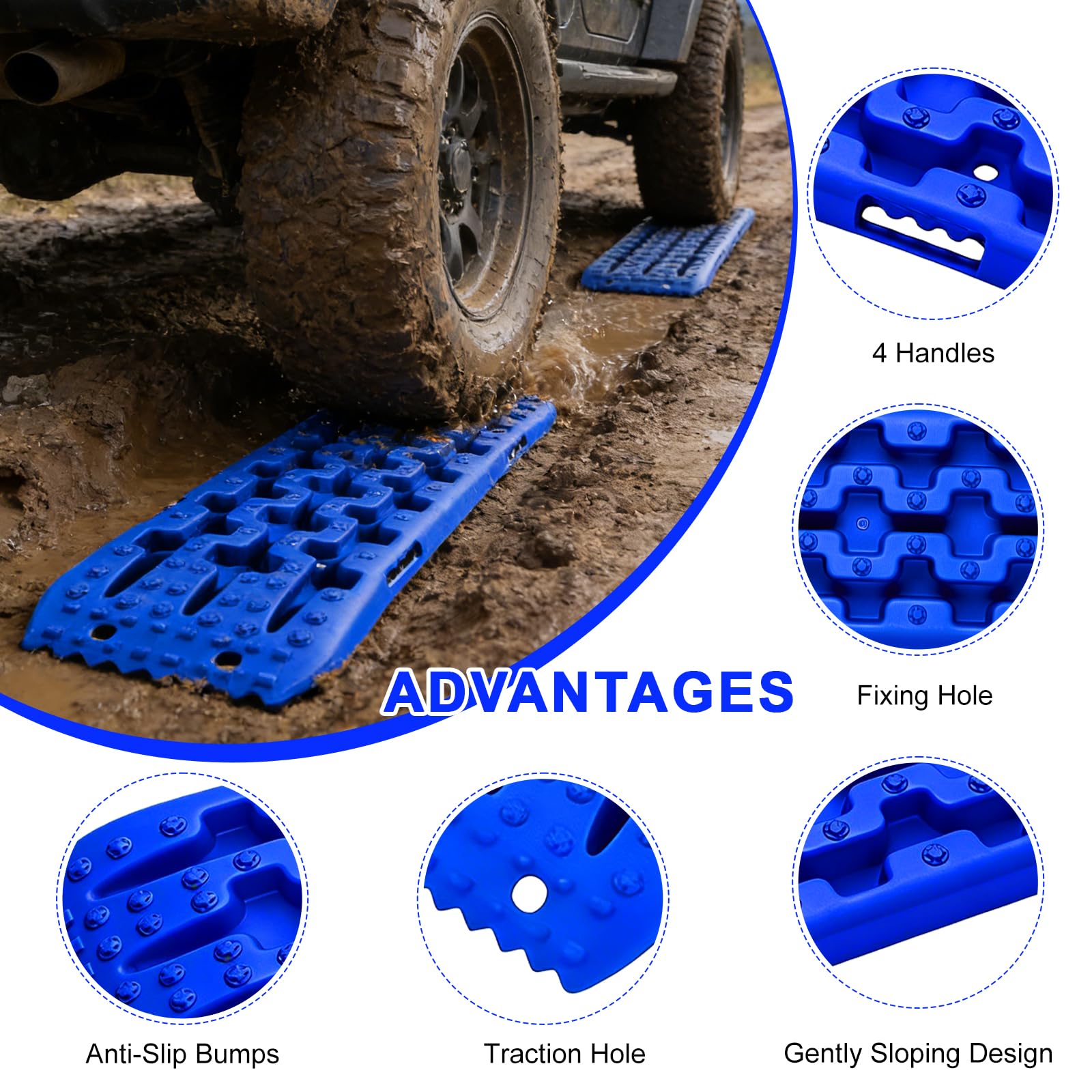 EXLECO 2er Sandbleche Wohnmobil Anfahrhilfe Offroad Zubehör Recovery Board Traktionshilfe Auffahrkeile mit Aufbewahrungstasche & Halterung PKW Anhänger Reifenleiter für Sand Schlamm Schnee Blau