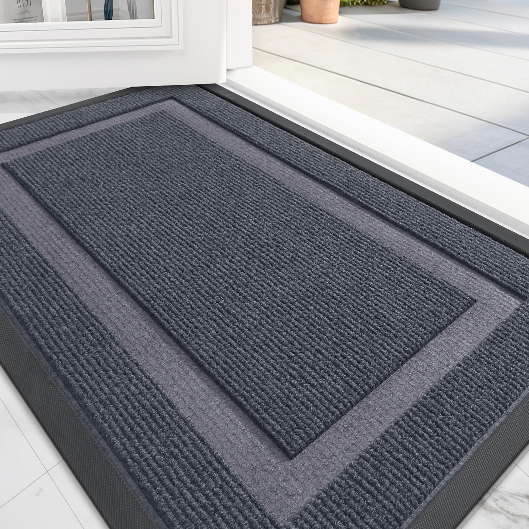 OLANLY Front Door Mat Indoor Outdoor Entrance, Waterproof All-Season, All-Weather Doormat, Sturdy Natural Rubber, Fade Resistant, Low Profile, Easy Clean Patio Porch Entryway Mat, 58x23, Light Grey