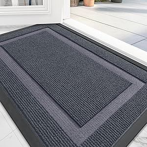 OLANLY Front Door Mat Indoor Outdoor Entrance, Waterproof All-Season, All-Weather Doormat, Sturdy Natural Rubber, Fade Resistant, Low Profile, Easy Clean Patio Porch Entryway Mat, 59x35, Light Grey