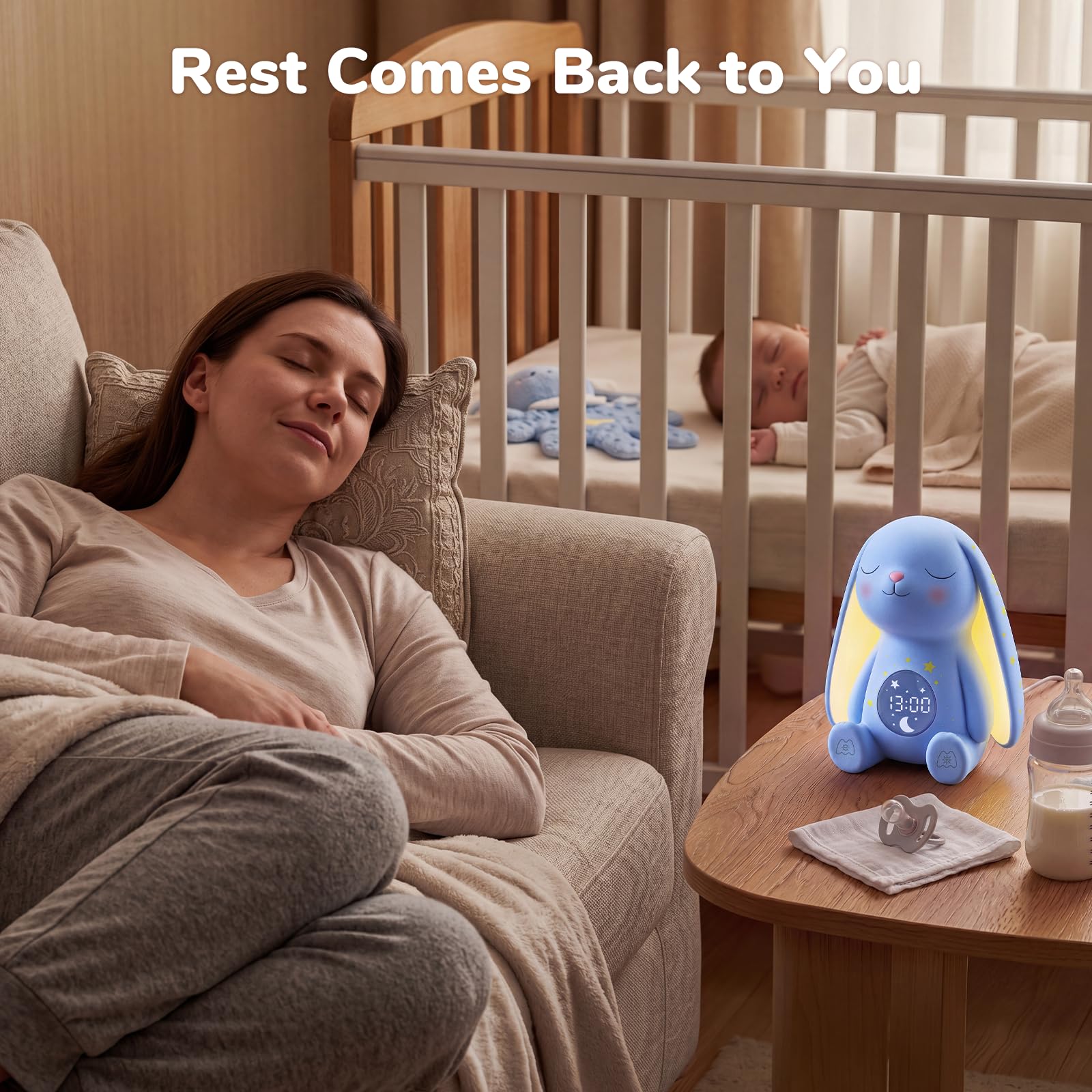 Bunny Baby Comfort Bundle : comprend une machine sonore à bruit blanc (contrôle par application) et une tétine pour bébé (télécommande) avec détection de pleurs avec sons et tapotements doux, cadeaux