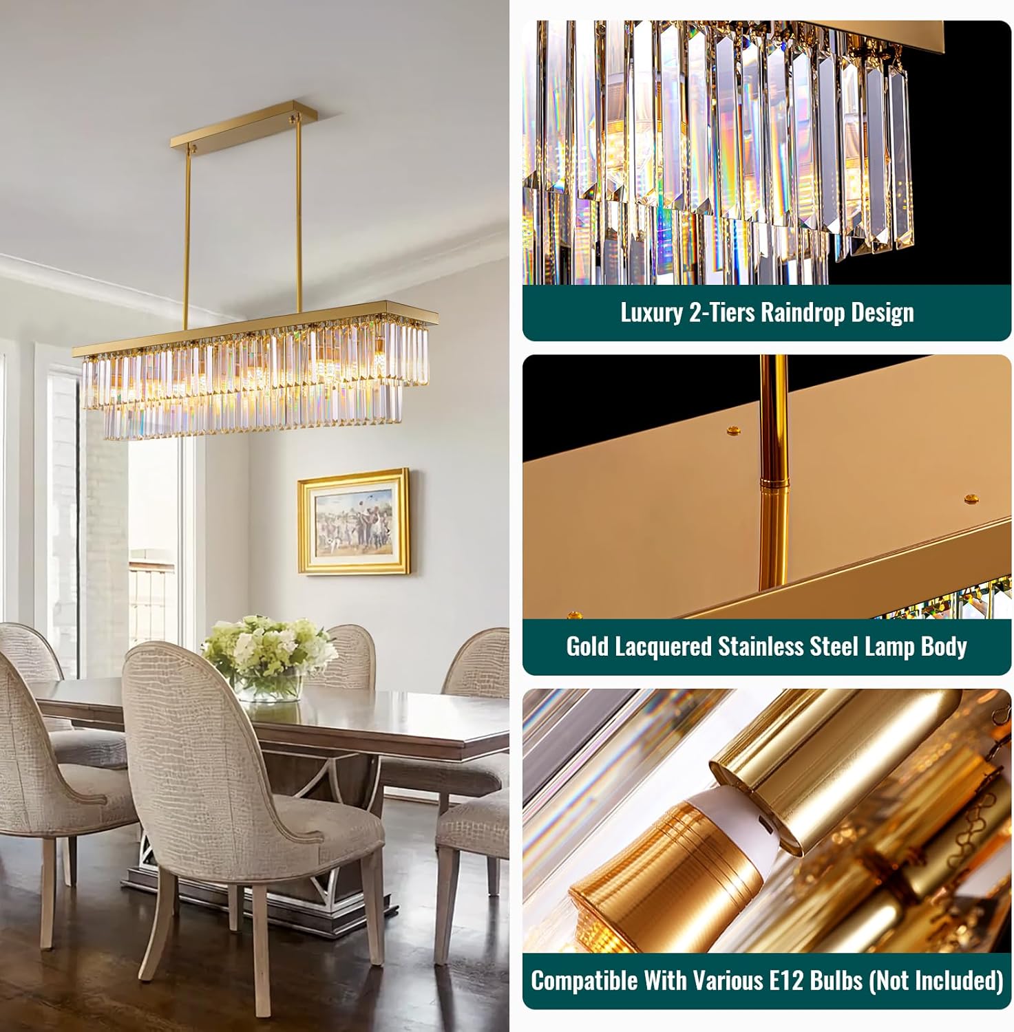 Siljoy Rectangular Gold Crystal Chandelier for Dining Room, 12-Light Modern Rectangle K9 Crystal Raindrop Chandelier Dimmable Ceiling Light for Living Room Kitchen Island, L47'' x W10'' x H10''