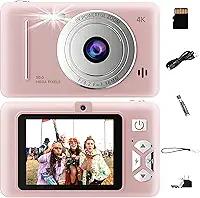 Câmera Digital 1080P Fhd 44Mp com Zoom Digital de 16X, Função para Jogos e Cartão de 32Gb, Estabilizador de Imagem, Bcâmera para Vlogspara Adolescentes, Idosos e Iniciantes (Rosa)