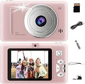 Câmera Digital 1080P Fhd 44Mp com Zoom Digital de 16X, Função para Jogos e Cartão de 32Gb, Estabilizador de Imagem, Bcâmera para Vlogspara Adolescentes, Idosos e Iniciantes (Rosa)