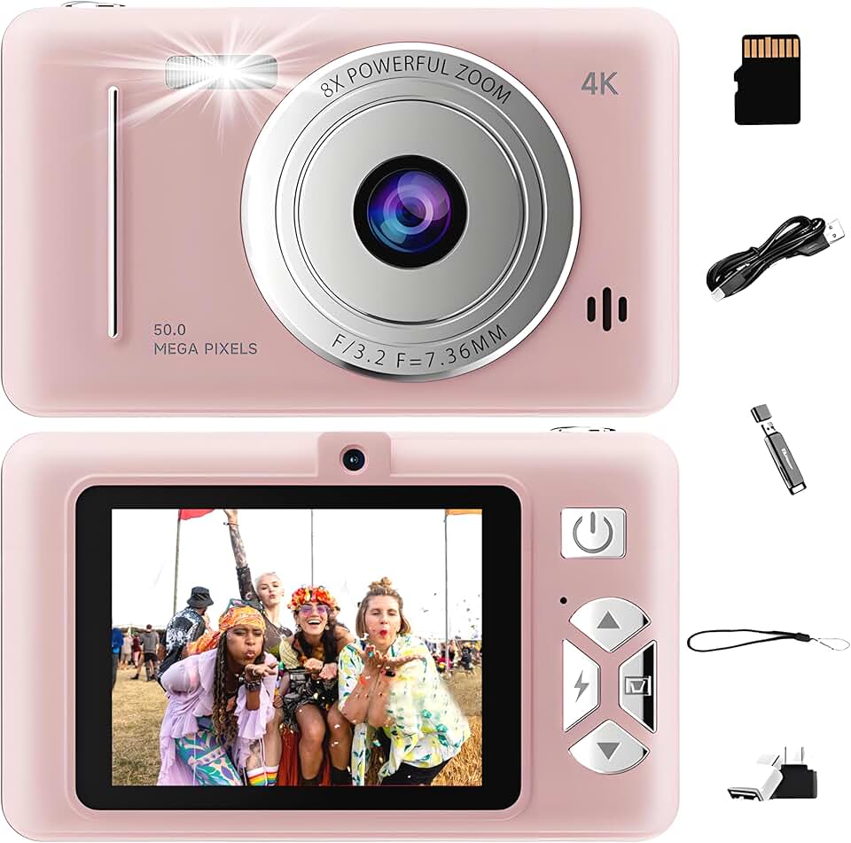 Câmera digital 1080P FHD 44MP com zoom digital de 16x, estabilizador de imagem, função para jogos e cartão de 32GB para adolescentes, idosos e iniciantes. (Rosa)