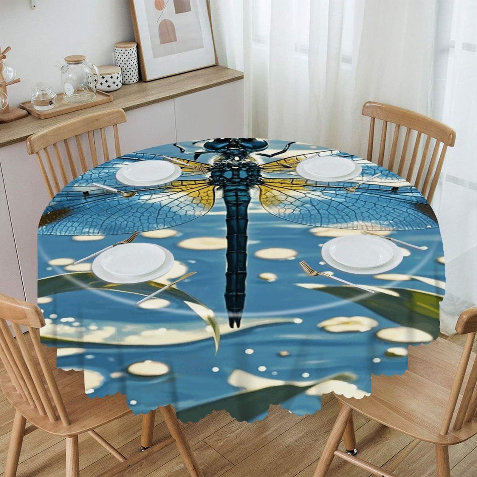 VstaDank Blue Dragonfly Round Tablecloth Wipeable Round Polyester Tablecloth Waterproof Wrinkle Free Indoor and Outdoor Table Cover 60 Inch Decorative Farmhouse Table Cloth for Dining