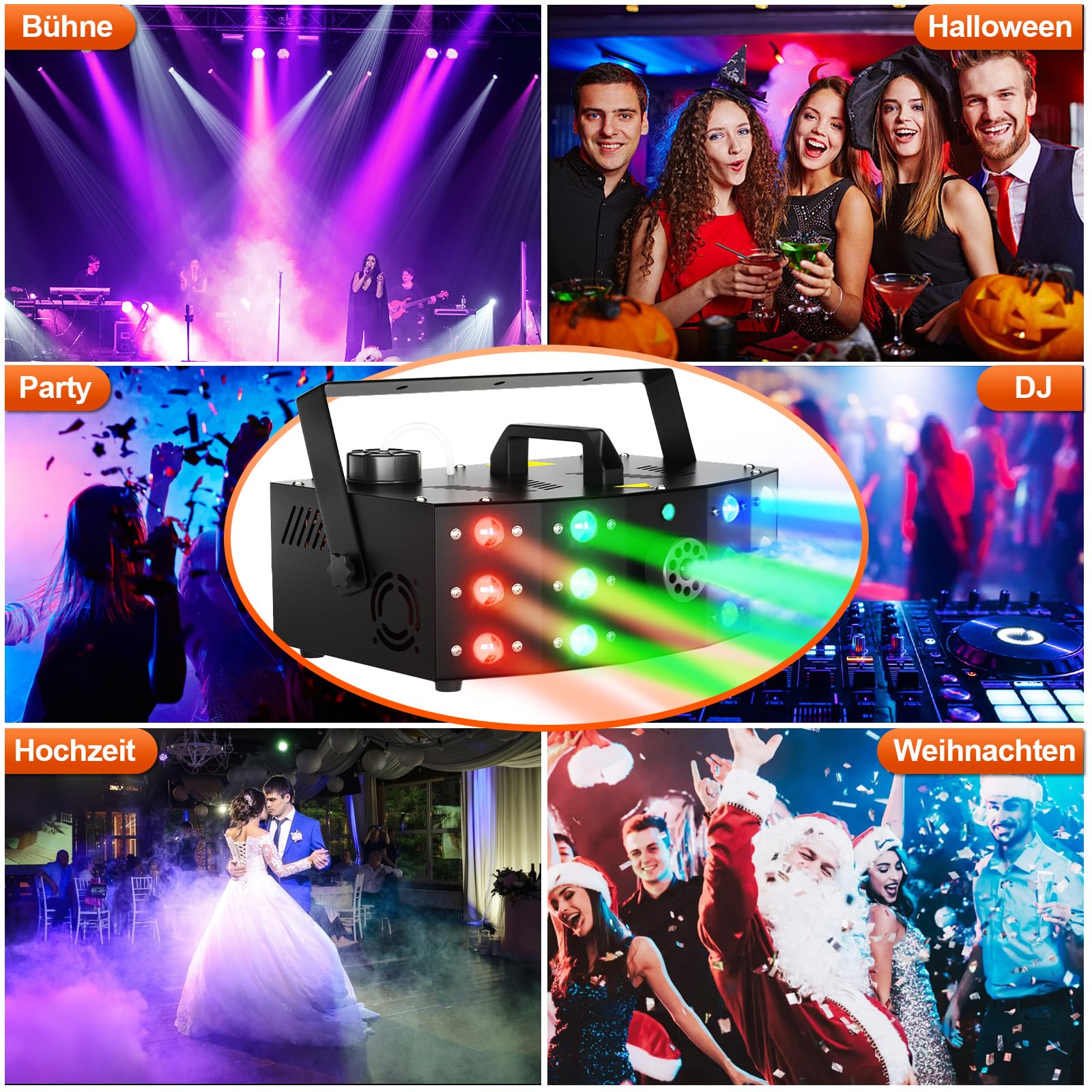Hakuta Nebelmaschine, DMX Lichtstrahlen Rauchmaschine mit 12 LED bunten Lichtsteuerung & manuelle Steuerung & Fernbedienung Perfekt für Indoor Outdoor Hochzeit, Halloween, Party und Bühneneffekt