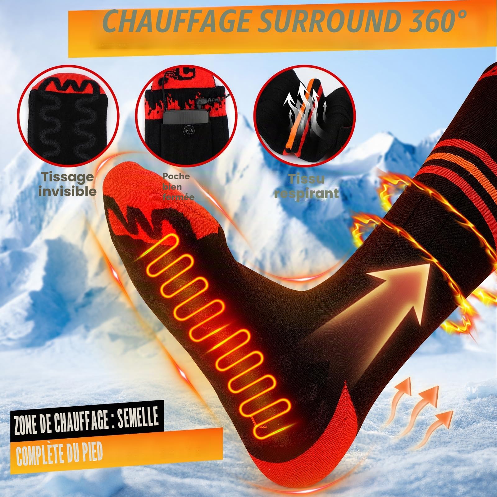 COZII Chaussettes Chauffantes, 5V 5000mAh Chaussette Chauffante Homme Femme USB Rechargeables, 3 Niveaux Chauffage Chaussettes d'hiver pour Sports Ski Cyclisme Moto Camping (Rayures)