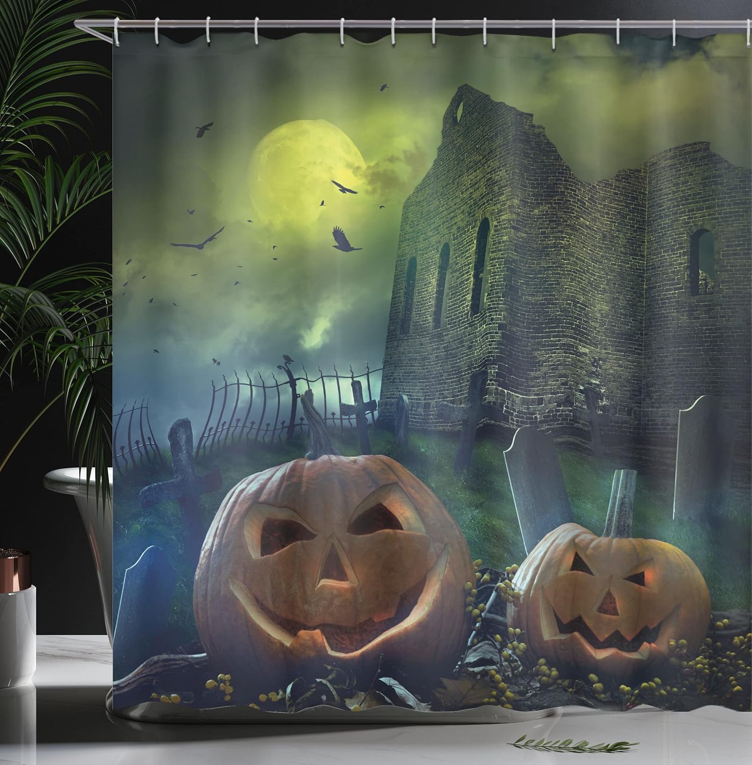 Ambesonne Halloween Shower Curtain, Pumpkin in Spooky Grave Old Stone Haunted House Gloomy Dark Night Winter Holiday, Cloth Fabric Bathroom Decor Set with Hooks, 69" W x 70" L, Yellow Grey