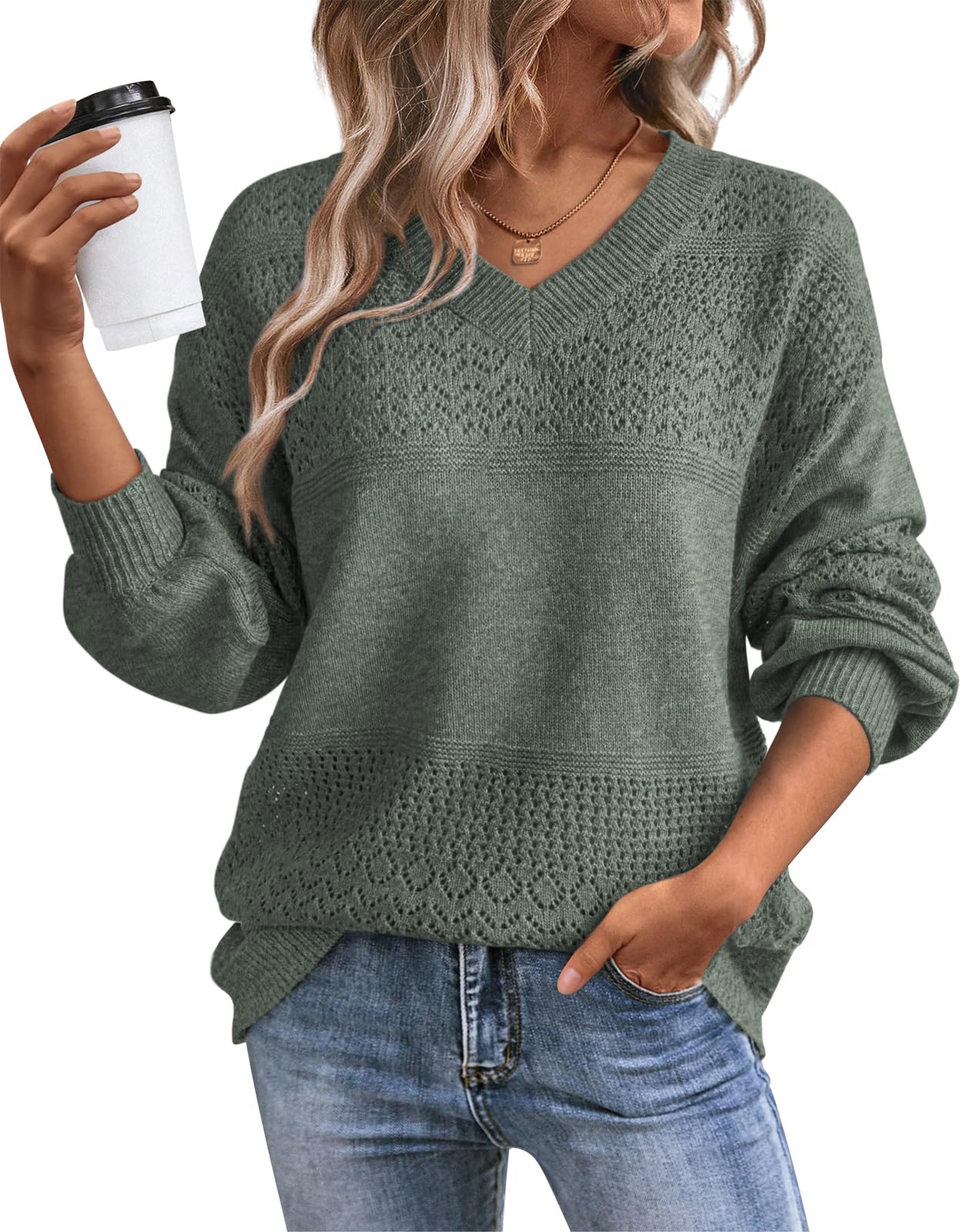 ATHMILE Sweaters for Women Fall Outfits Oversized Long Sleeve V Neck Crochet Sweaters Lightweight Knit Pullover Jumper