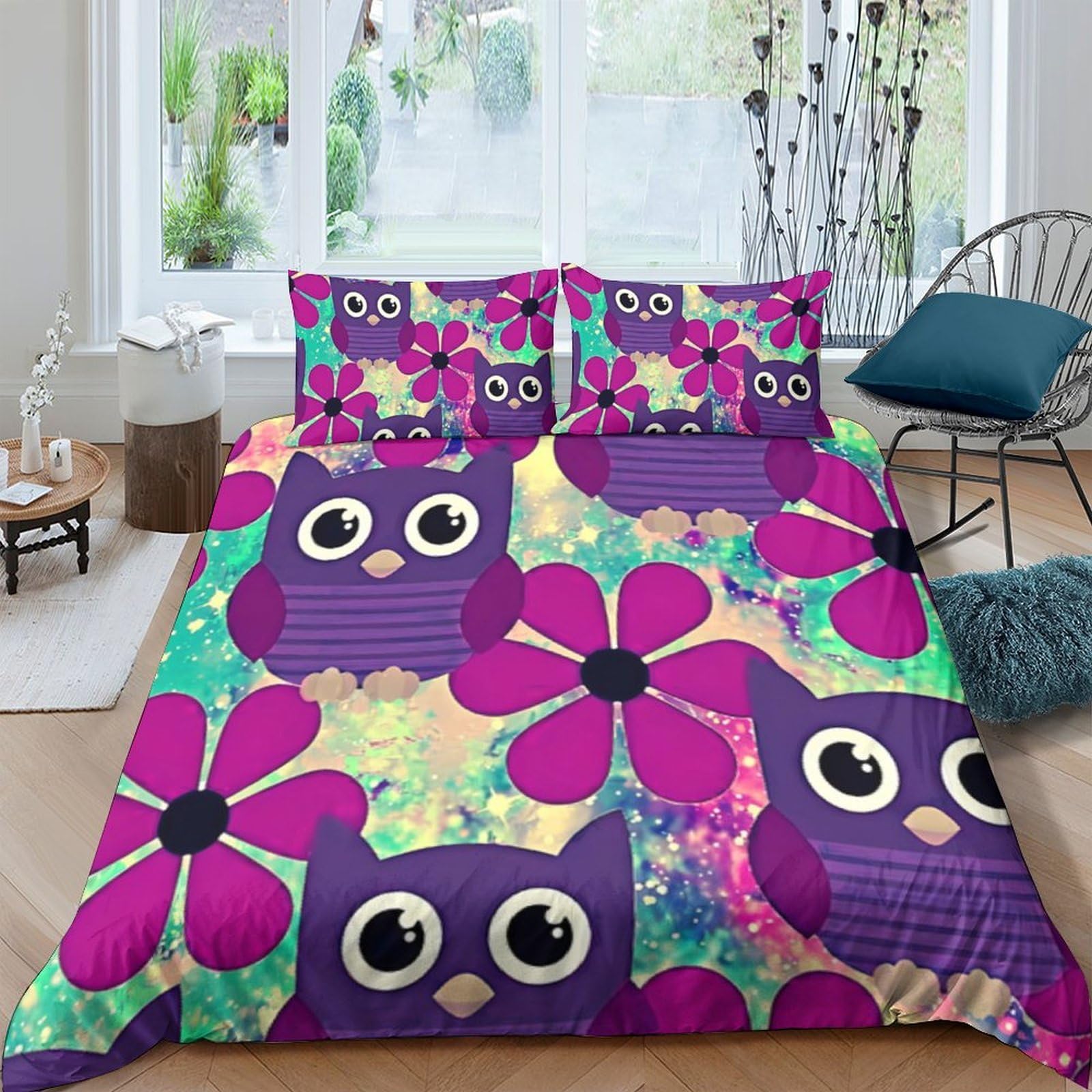 P5V6M1Q9 3D Printed Purple Owl Floral Duvet Cover Microfiber Soft Breathable Bedding Set with 2 Pillowcases for Bedroom Decor Single（135x200cm）