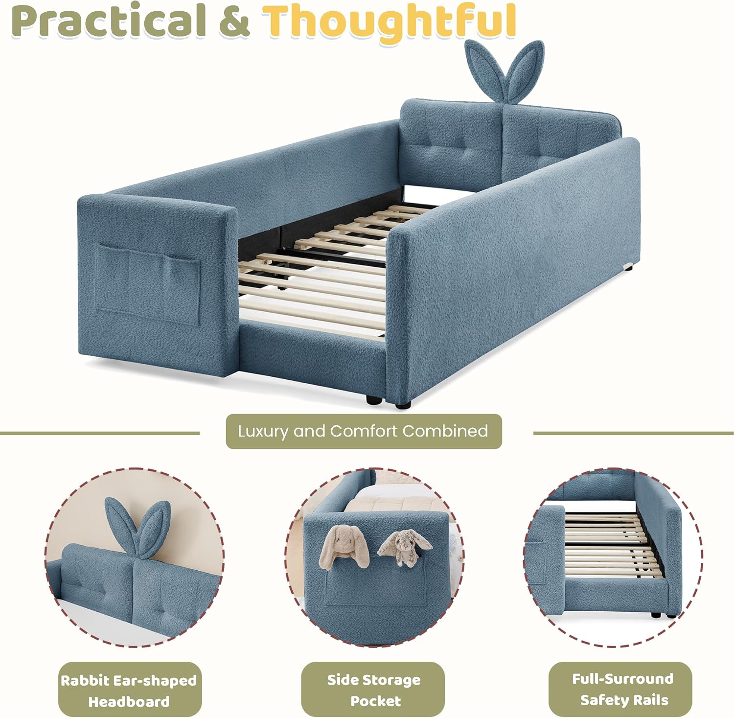 Twin Bed Frames for Kids,Boucle Upholstered Platform Bed with Rabbit Ear Shaped Headboard,Safety Rail & Side Storage Pocket,Low Profile Floor Bed for Boys Girls,No Box Spring Needed,Sky blue