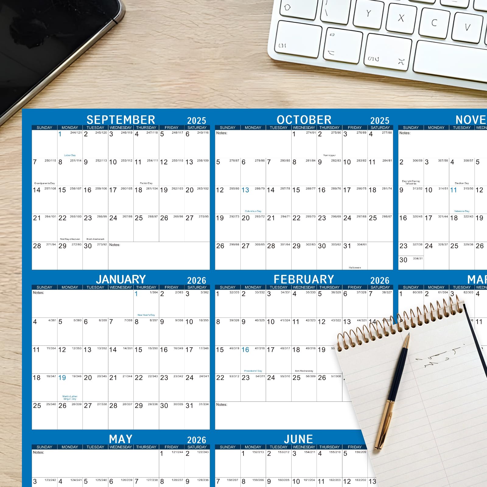 Wandkalender 2025–2026, 61 x 91,4 cm, trocken abwischbarer Kalender für die Wand von Juli 2025 bis Juni 2026, 12 Monate, Jahresplaner für Büro, Schule, Blau