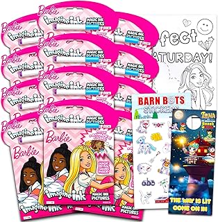 Barbie Imagine Ink Coloring Book Set for Girls, Kids - 12 Pack No-Mess Magic Ink Barbie Coloring Books with Barn Bots Stickers and Beach Kids Door Hanger (Barbie Party Supplies Party Favors Bundle)