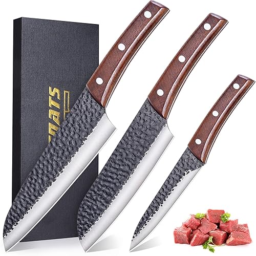 Juego de cuchillos japoneses de acero inoxidable de alto carbono forjado a mano, 3 piezas de cuchillos de cocina ultra afilados o corte de carne
