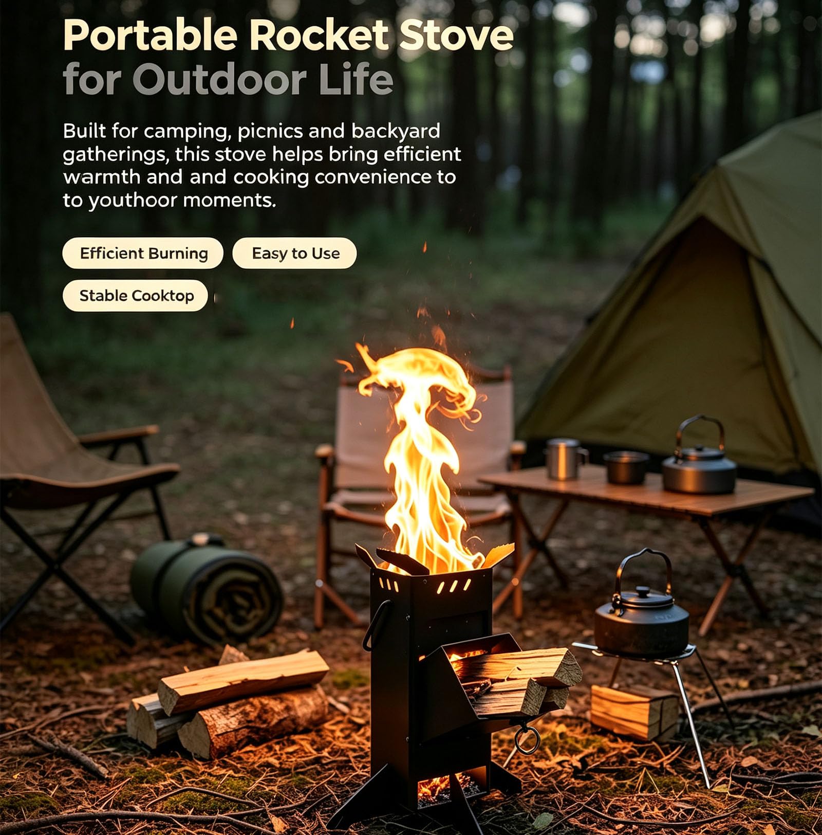 Raketenofen Tragbarer Raketenofen Holzofen Schwarz | Für Kochutensilien in verschiedenen Größen, mit Ständer, Outdoor-Rucksackreisen, Wandern, Grillen, Picknick