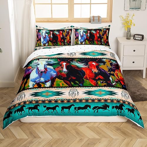Miniatura 3 de Erosebridal Juego de funda de edredón con diseño de caballos verdes del suroeste nativo azteca, funda de edredón de vida silvestre de granja, juegos
