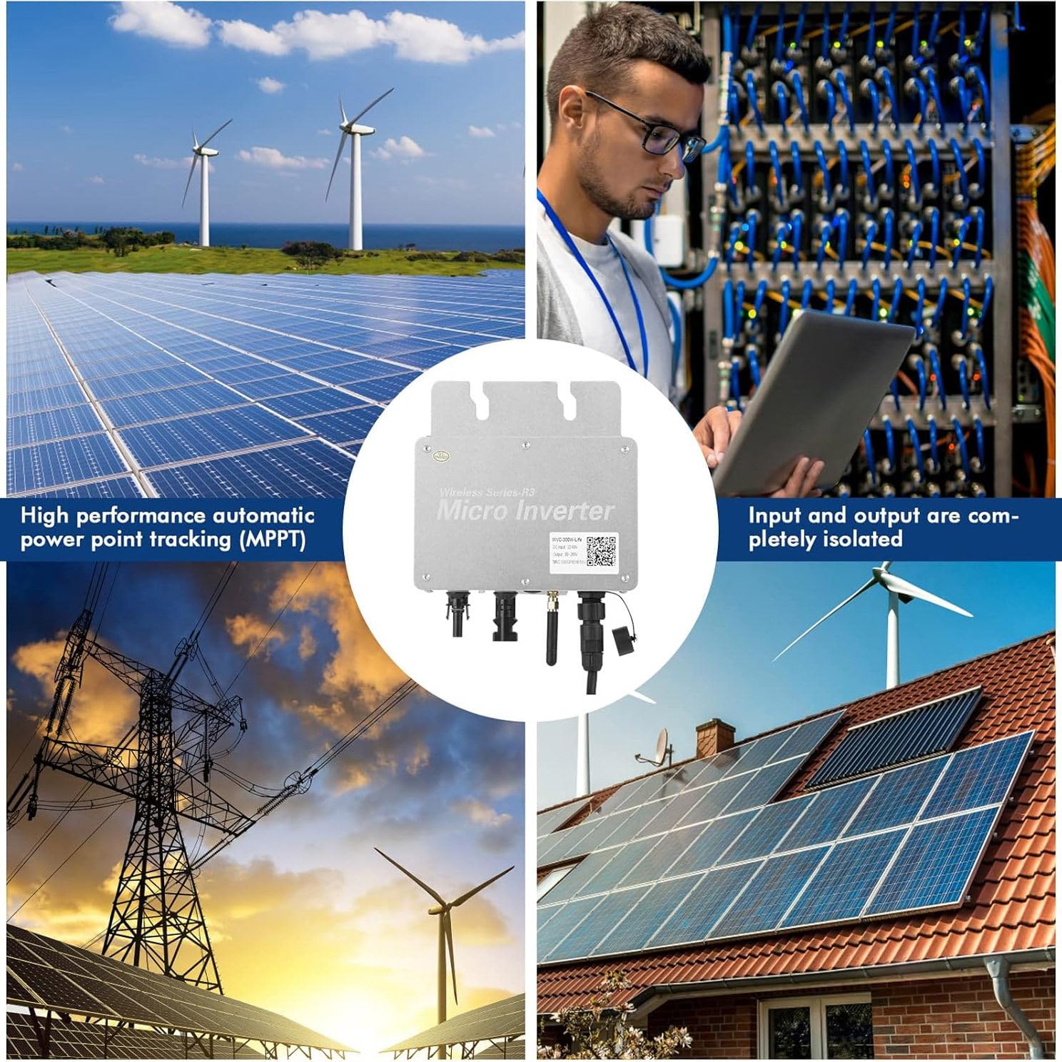 Inverter Solare, Inverter Di Rete Impermeabile, Microinverter Fotovoltaico IP65 Impermeabile, Inverter Solare Mppt Convertitore Di Rete Con Monitoraggio Del Telefono Cellulare Wi-Fi,WVC-1200W