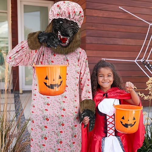 Miniatura 4 de Bonuci Disfraz de abuela de Halloween para adultos, disfraz de cosplay con sombrero, máscara de cabeza de lobo, guantes, calentadores de piernas