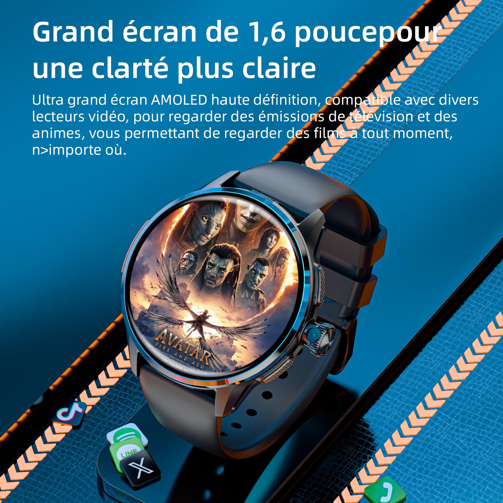 LOKMAT Montre intelligente Android avec carte SIM 4G, 1,6", AMOLED grand écran 3 Go + 32 Go, pour hommes et femmes, avec caméra rotative, WiFi, GPS, tracker d'activité de fitness (noir)