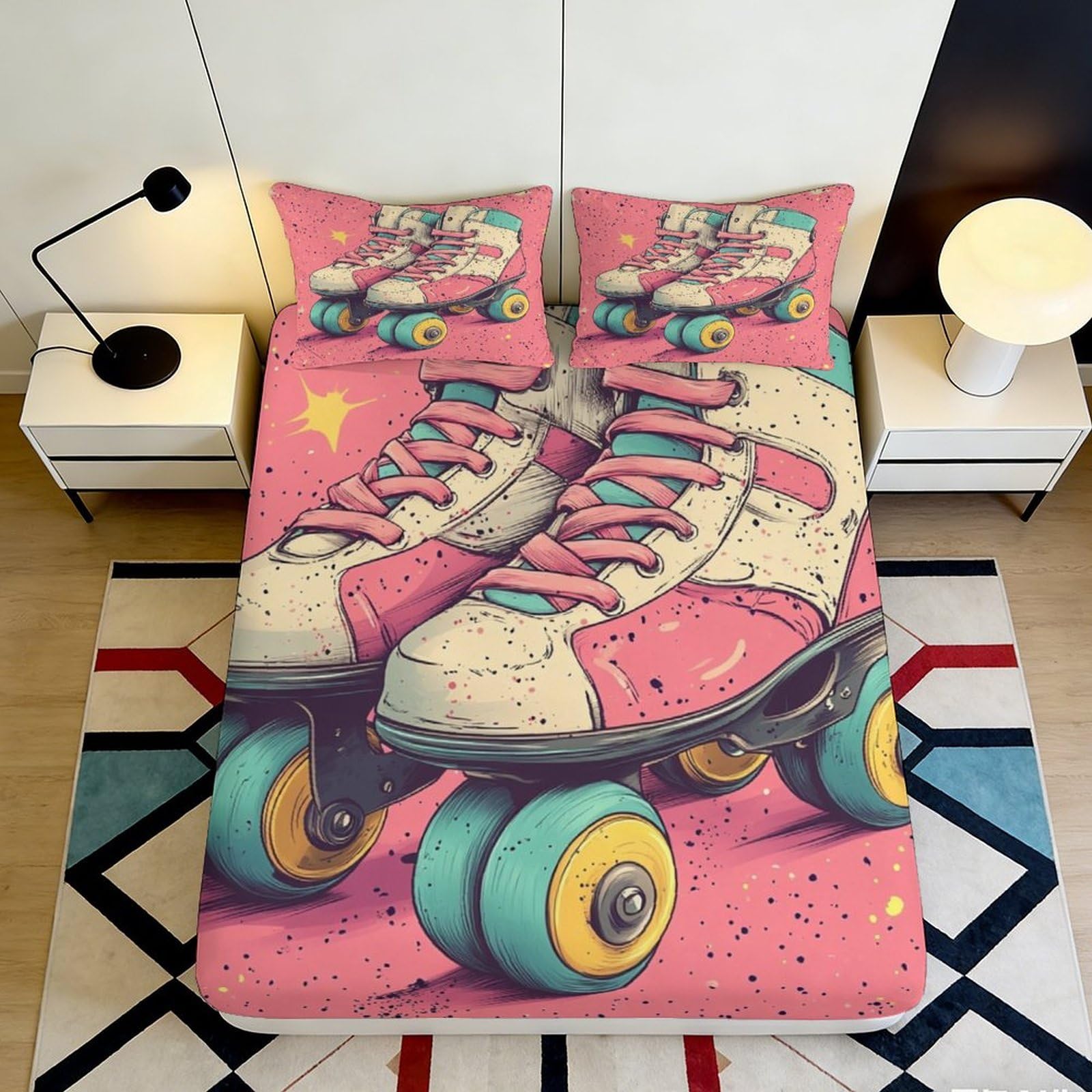 3D Printed Retro Roller Skates Fitted Sheet Microfiber Soft Pink Turquoise Graffiti Bed Cover for Bedroom Dorm Decor 90x200x25cm