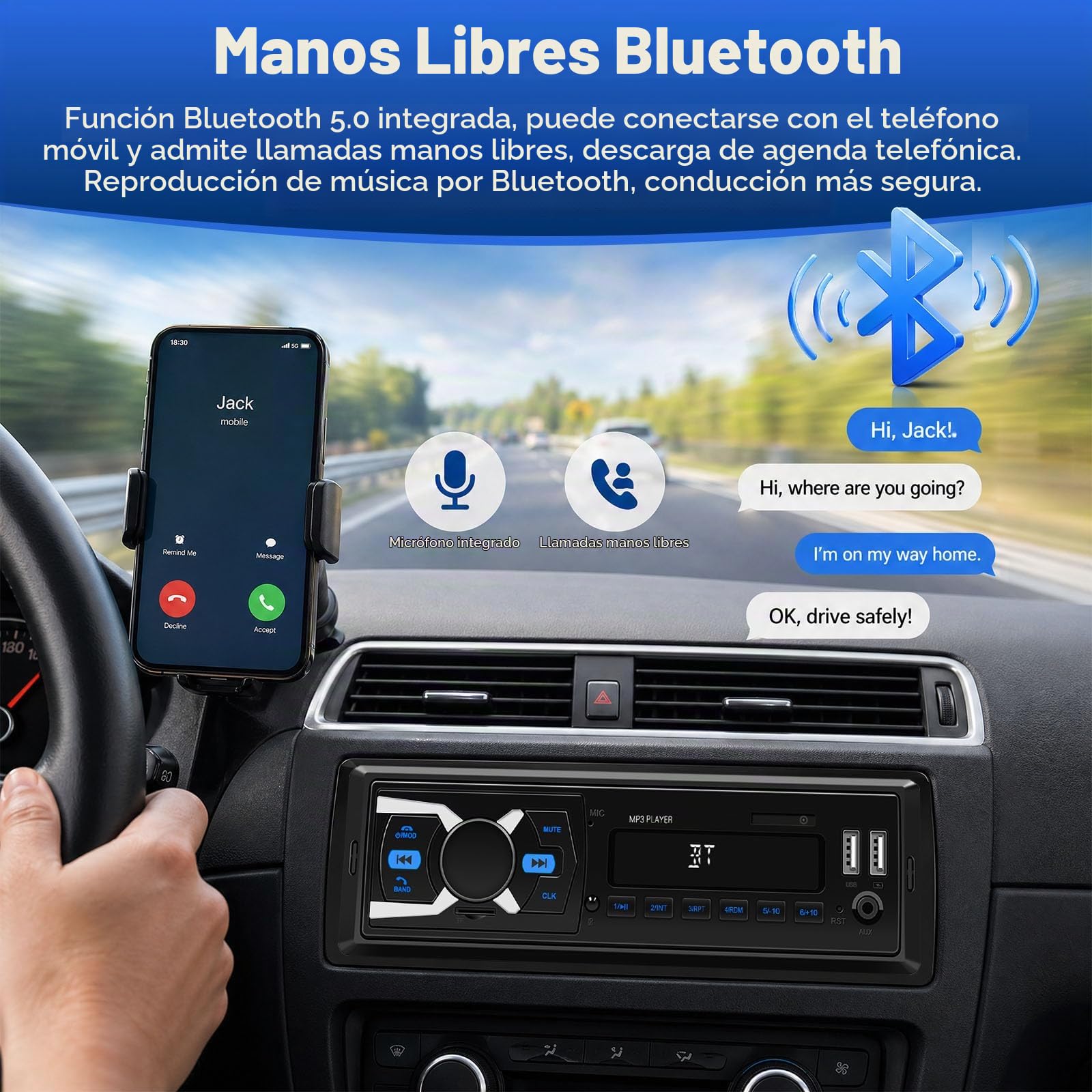 SIXTOP Dab Radio con Sistema Manos Libres Bluetooth Radio para Coche 1DIN con FM Radio/Pantalla de Reloj LCD, Reproductor de MP3 Radio 1DIN Admite Entrada AUX/RCA/Reproducción USB/Carga
