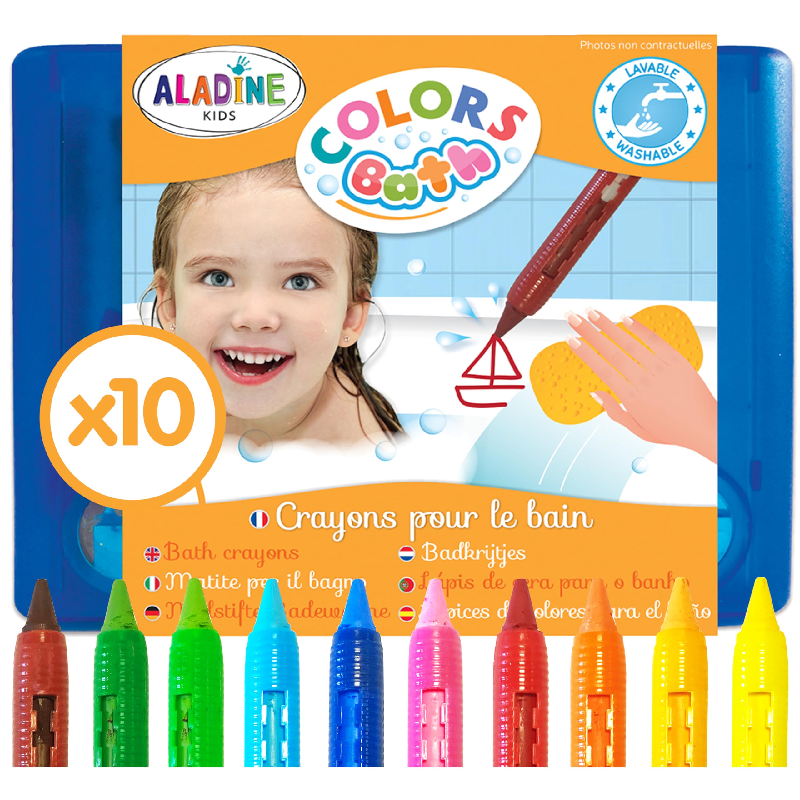 Aladine 3042032-10 Malstifte für die Badewanne, abwaschbare Bademalstifte für Kinder