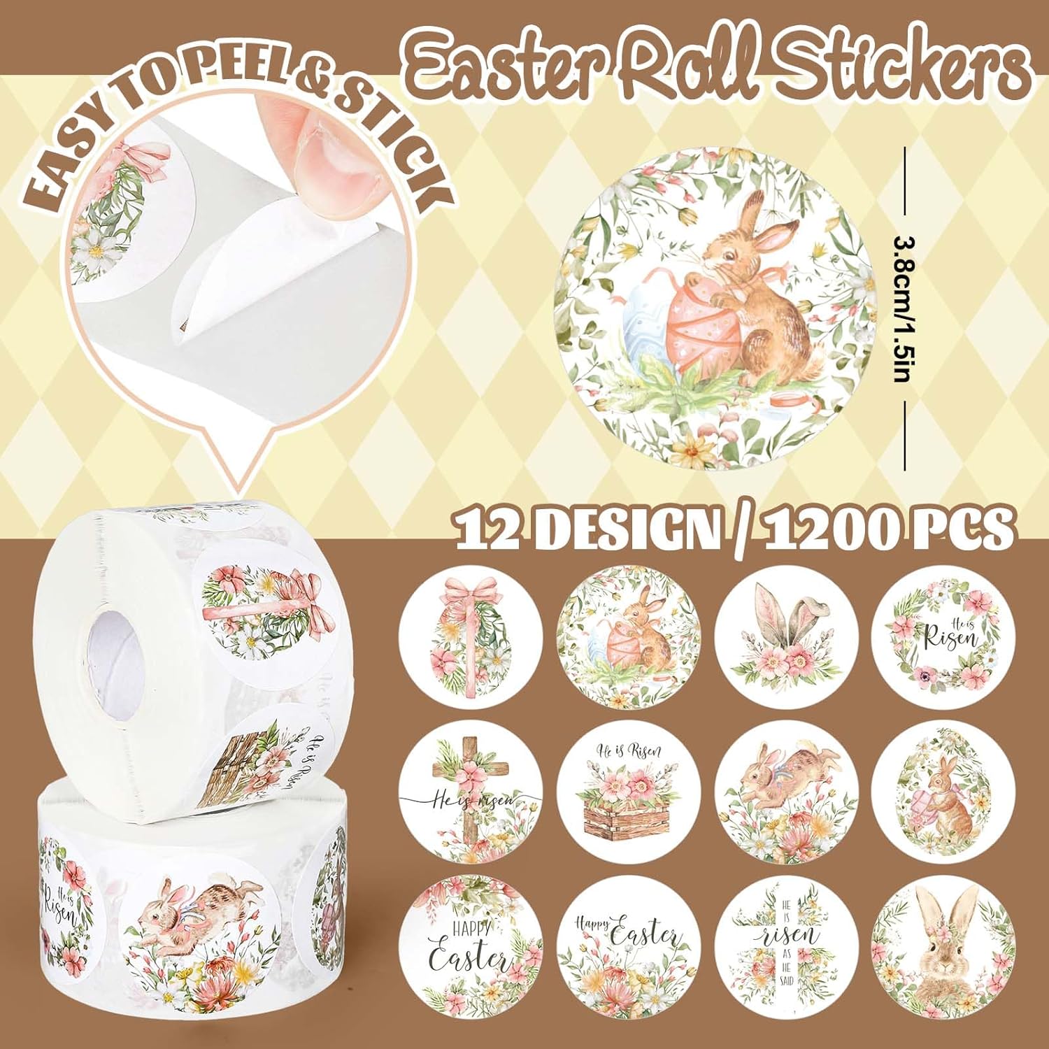 JarThenaAMCS 1200Pcs Easter Sticker Roll Christian He is Risen Floral Decals Watercolor Bunny Rabbit Egg Self-Adhesive Round Labels for DIY Envelope Craft Card Gift, 12 Design, 2 Rolls
