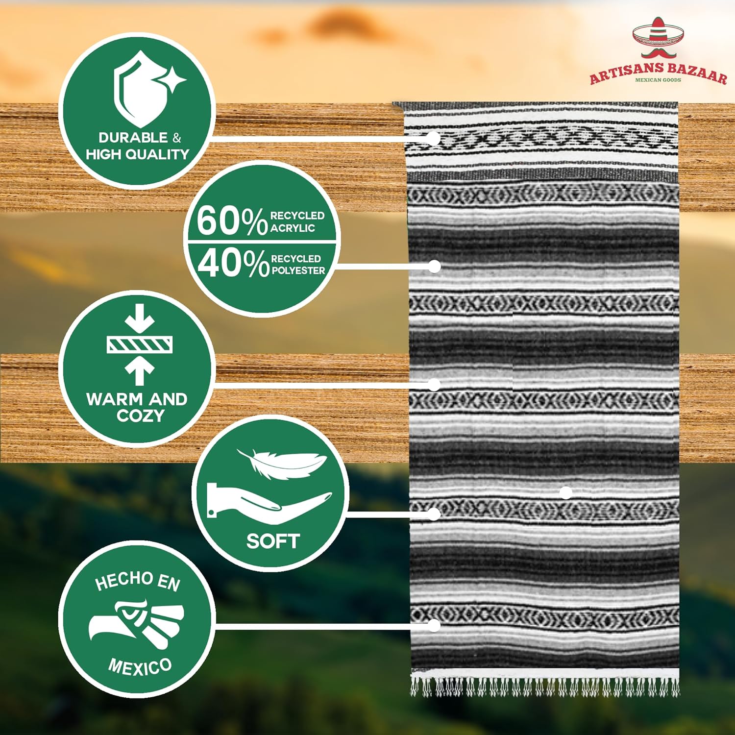 Artisans Bazaar Traditional Mexican Baja Poncho Men and Women Authentic Gaban Serape Sarape Blanket Pancho Jorongo Cowboy - Image 5