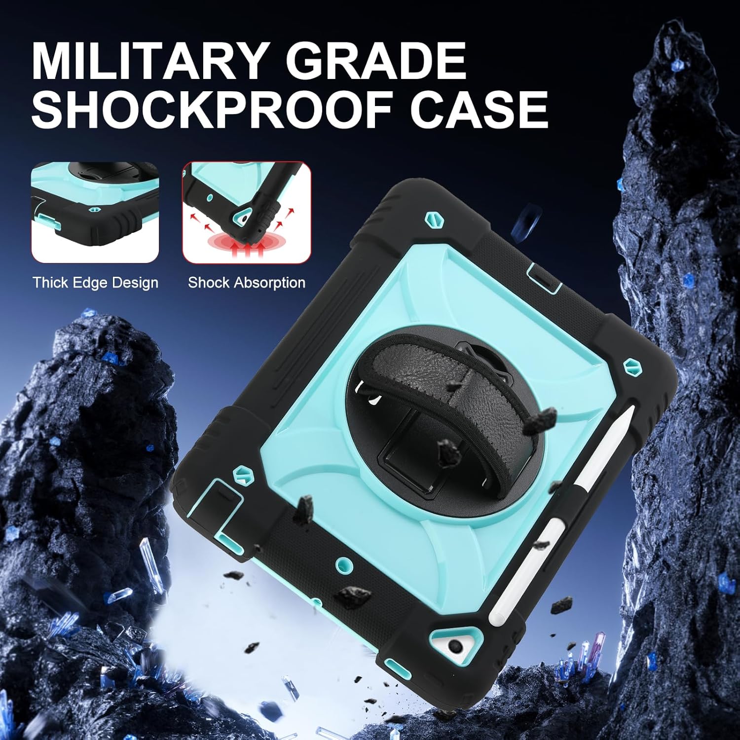 for iPad 6th Generation/iPad 5th Gen/iPad Air 2/iPad Pro 9.7" Case with Cute Key Chain, Rugged Protective Case with Rotating Stand & Shoulder Hand Strap for iPad 6th/5th/ Air 2 (Black+Aqua)