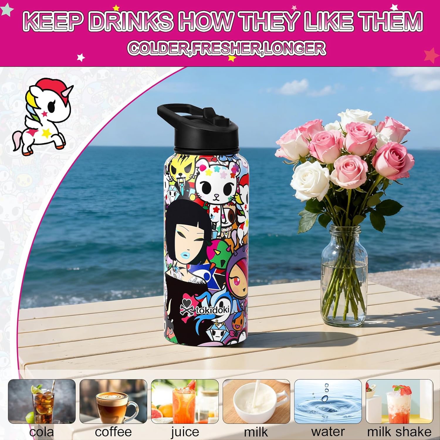 Tokidoki Unicorno 32OZ Water Bottle with straw Anime Cartoon Reusable Insulated Water Bottle Cup Tumbler with Leak Proof Flip for Outdoor Gym(signature) - Image 5