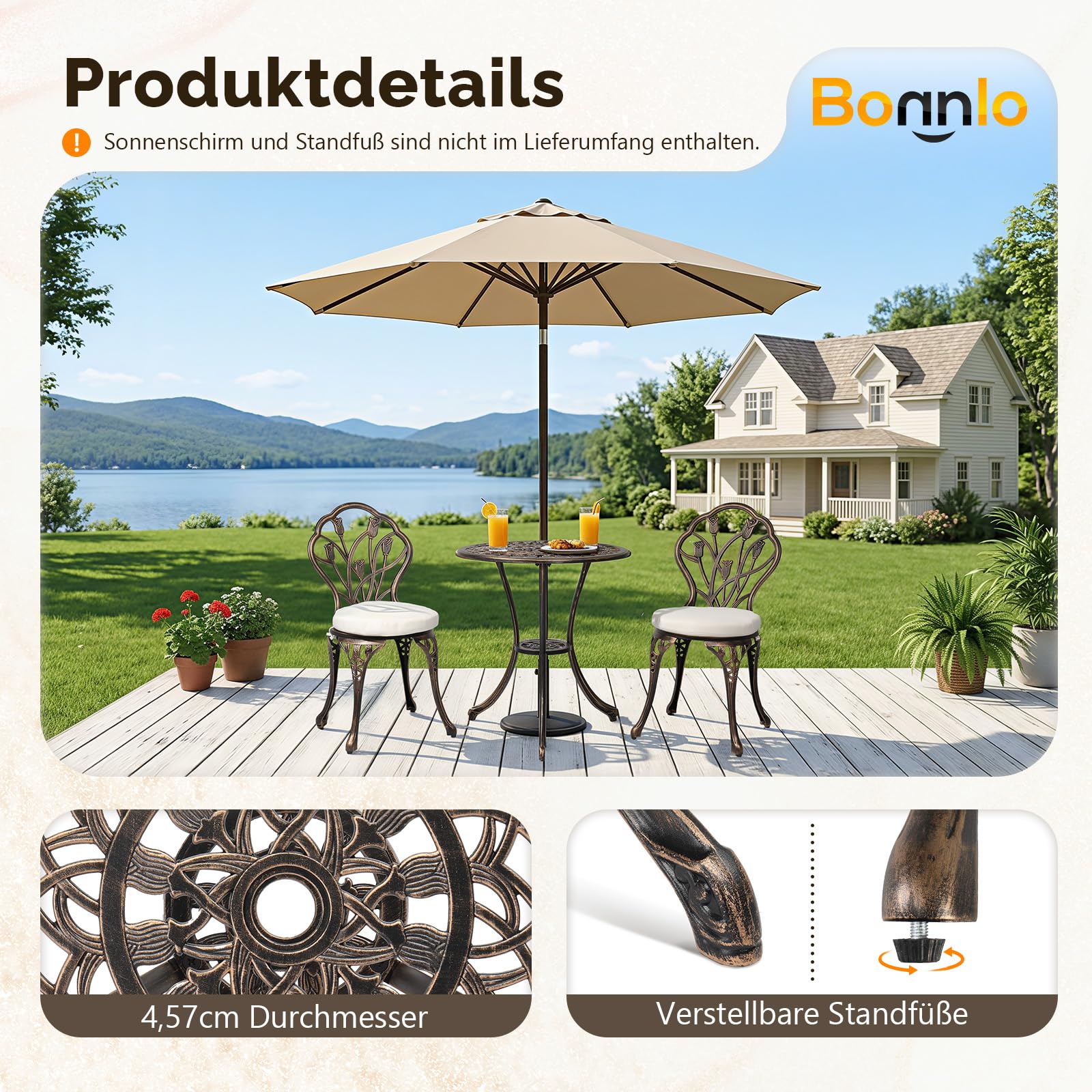 Bonnlo Set Bistrot in Lega di Alluminio, Set Tavolo e 2 Sedie da Giardino con 2 Cuscini in Spugna, Piedini Regolabili e Foro per Ombrellone, Tavolino e Sedie per Patio, Esterno e Balcone