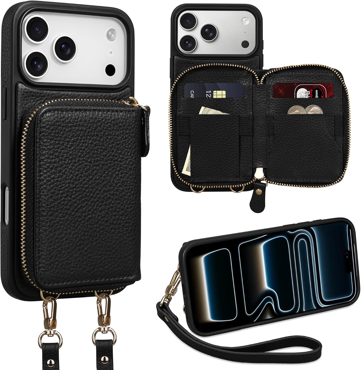 Keallce Wallet Case for iPhone 17 Pro Max 6.9 Inch, Genuine Leather Zipper Purse with Crossbody Strap, 4 Card Slots & RFID Blocking, Kickstand Flip Cover Shockproof for Women, Black