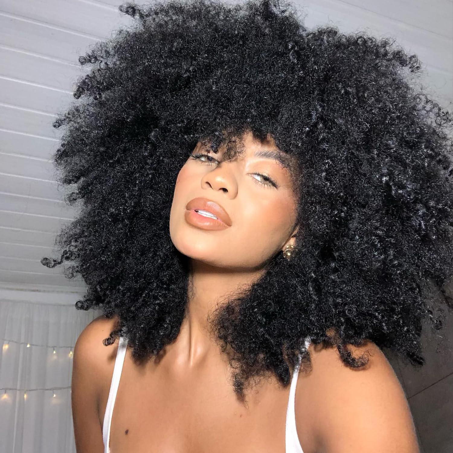 Lizzy Curly Afro Wigs for Black Women 18 Inches Afro Bomb Curly Wig with Bangs Synthetic Fiber Glueless Long Kinky Curly Hair Wigs for Daily Party (Black) - Image 2