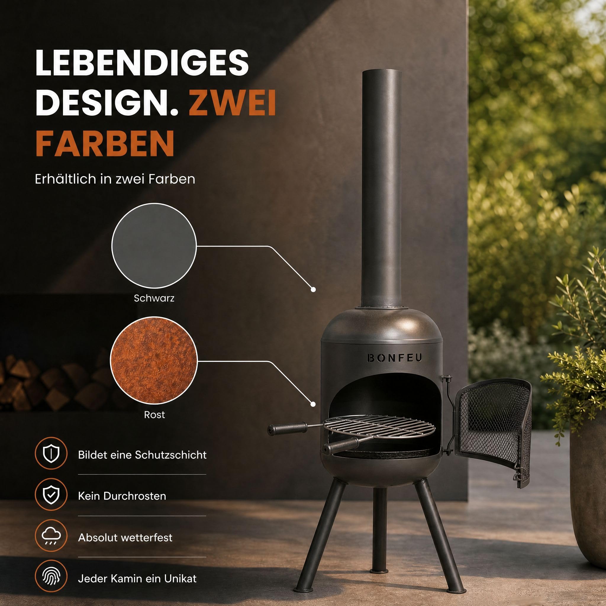 BonFeu BonSolo Terrassenofen Schwarz – Hochwertiger Gartenkamin mit BBQ-Grillfunktion, Ø 34 cm, H 124 cm – Robuster Outdoor-Kamin aus Stahl inkl. Grillrost und Schürhaken für Garten & Terrasse