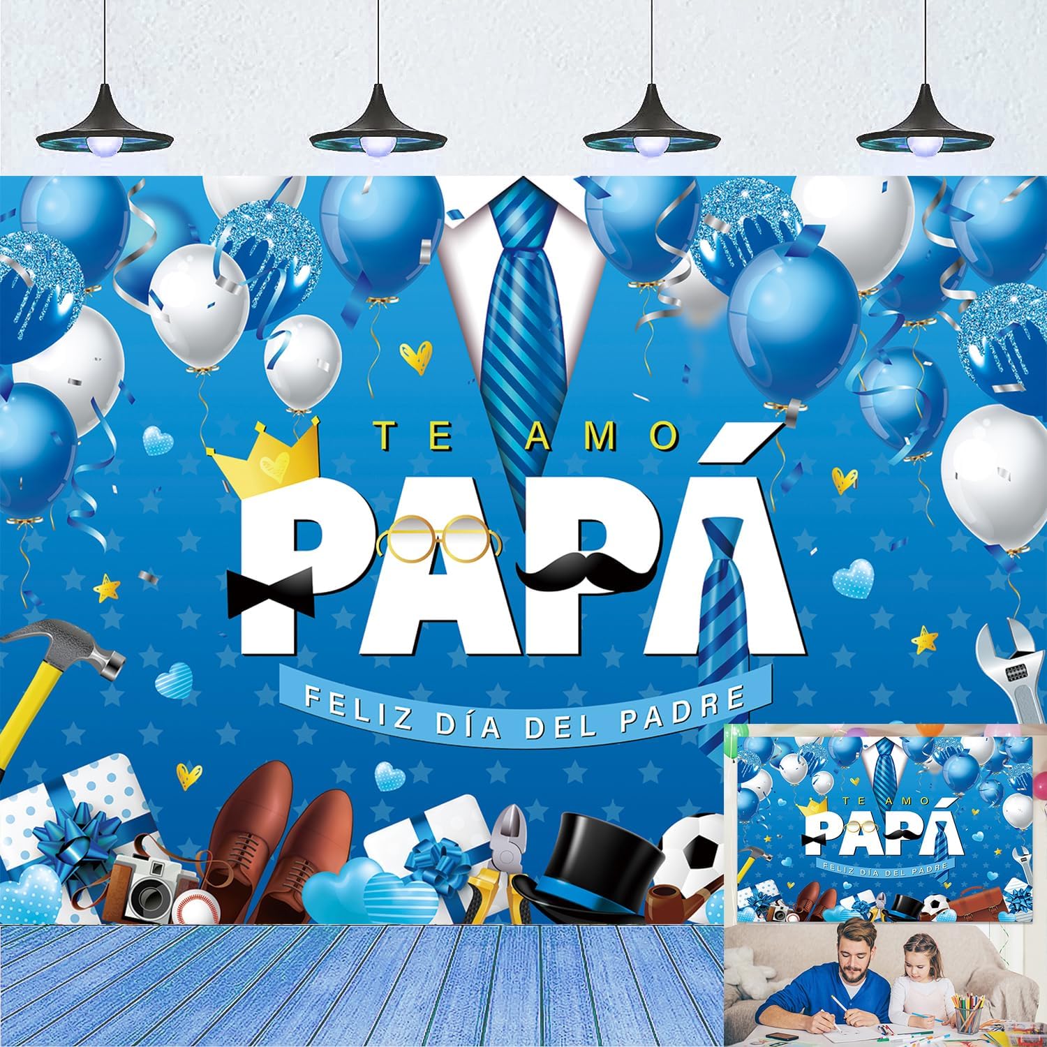 Happy Father's Day Backdrop Spanish Te Amo Papá Feliz Día Del Padre Background Blue Balloon Tie I Love Dad Photo Background Mens Family Birthday Party Decorations Banner Photo Booth Props (8x6FT)