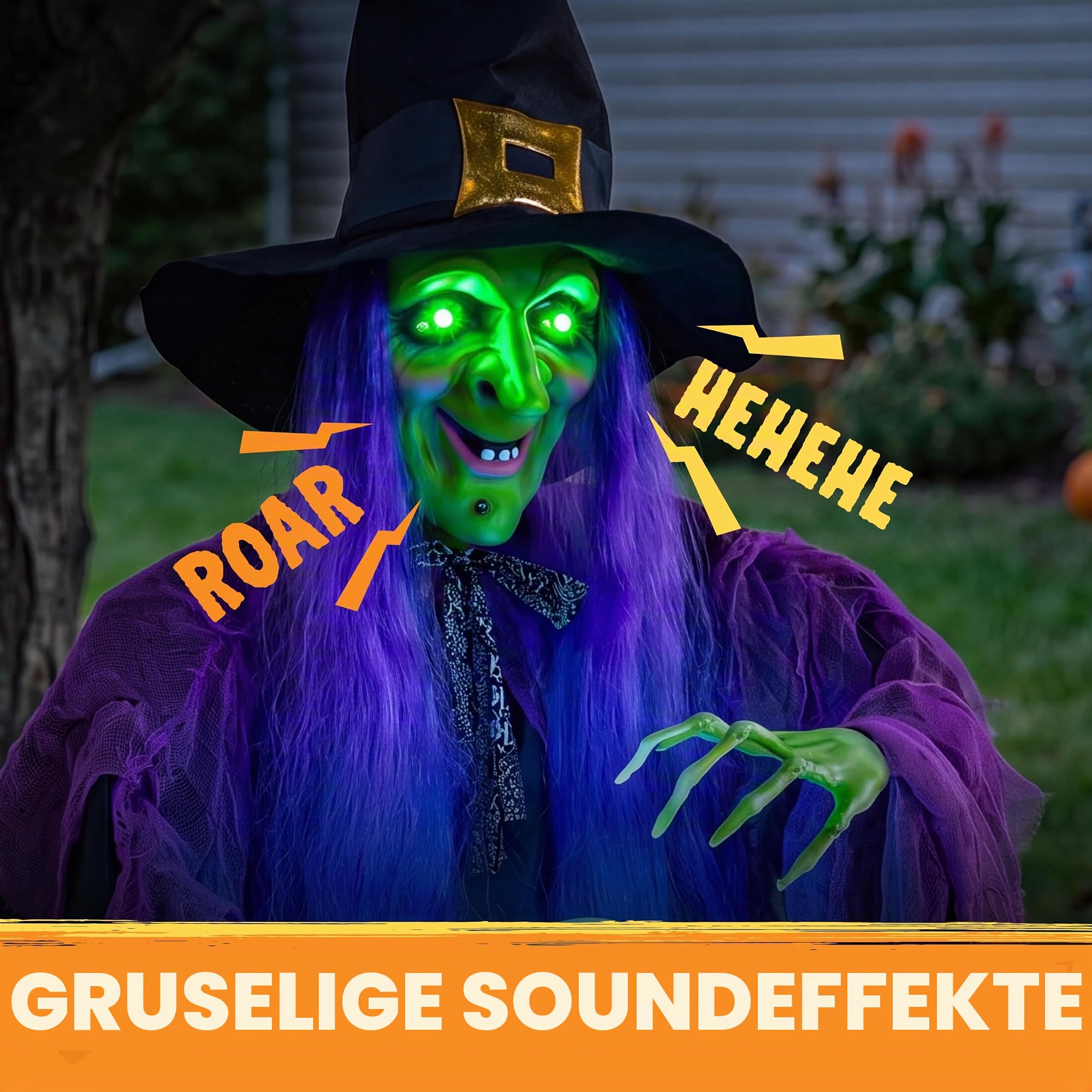 JOYIN 198.1 cm Halloween hängende Hexe Dekoration mit magischer Kugel, hängende animierte sprechende Hexe mit beleuchteten Augen und Sound für Halloween Spukhaus, Outdoor/Indoor, Rasen-Dekorationen