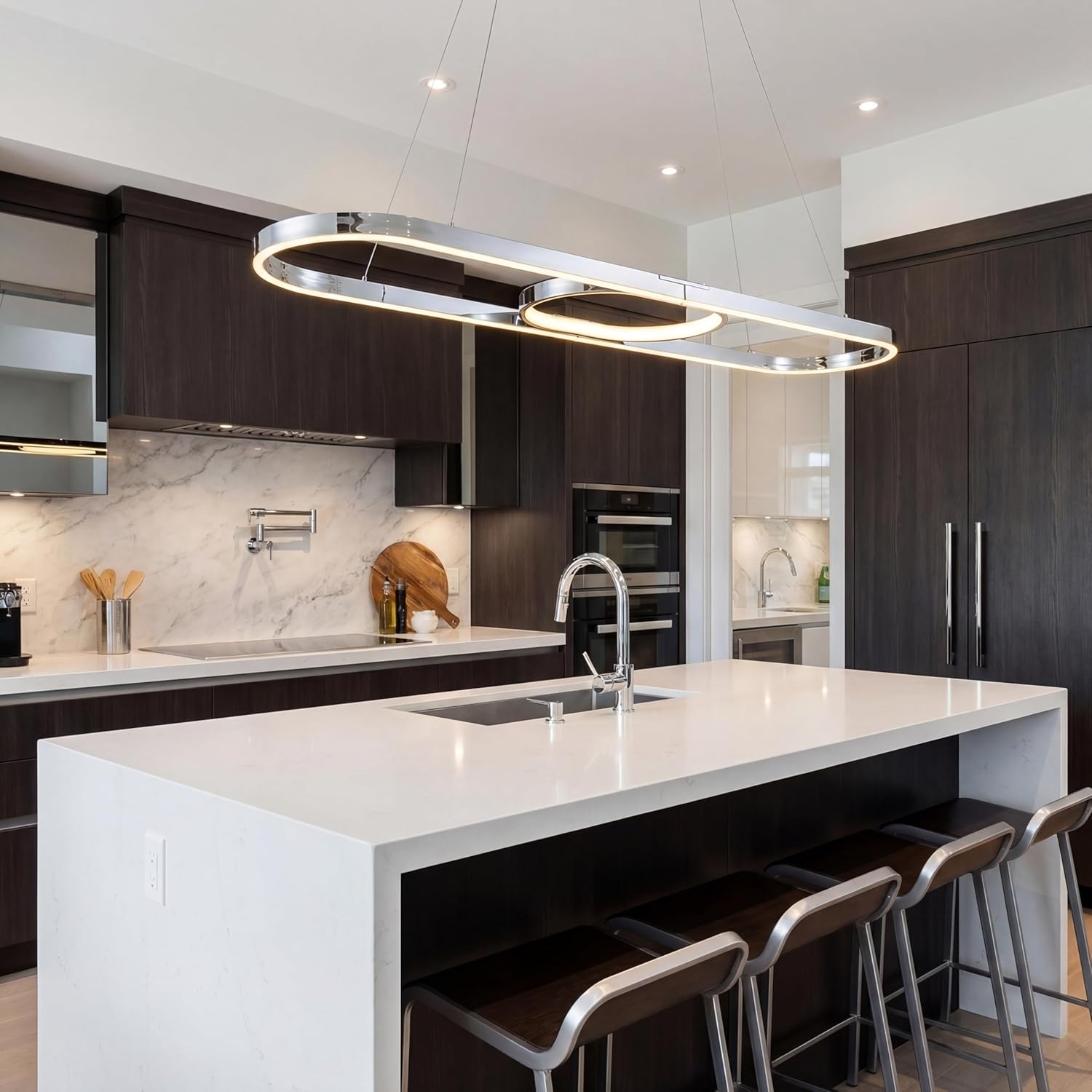 Modern LED Pendant Lights, Dimmable Linear Ring LED Chandelier Lighting, Chrome & Gold Dining Room Hanging Light Fixtures Kitchen Island Pendant Light for Dining Table (Chrome 47''(120CM))
