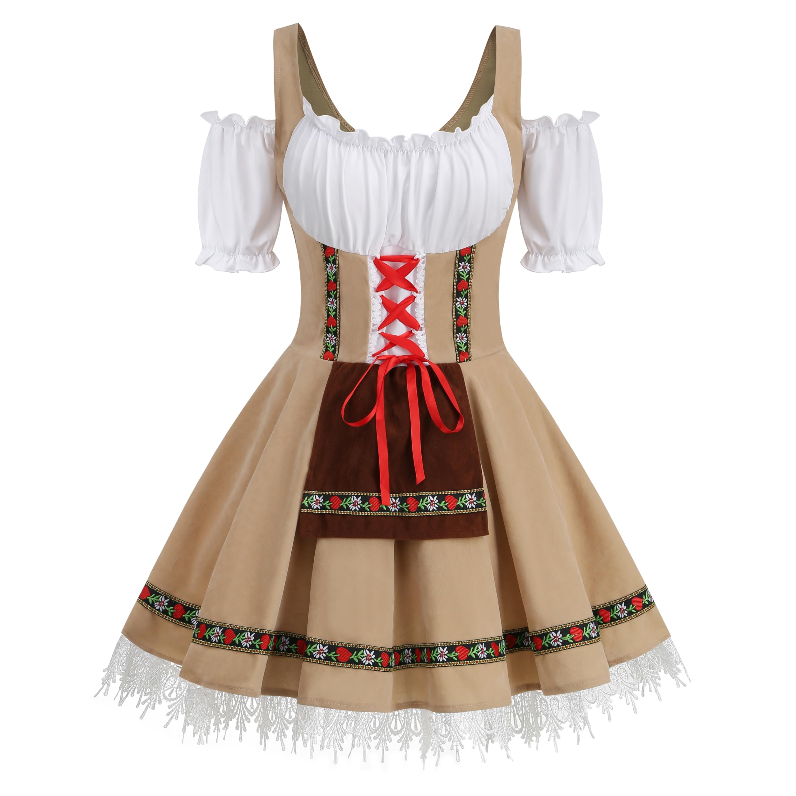 RRCBMD Women Oktoberfest Costume Adult Bavarian German Beer Velvet Dress Halloween Carnival(Khaki XL)