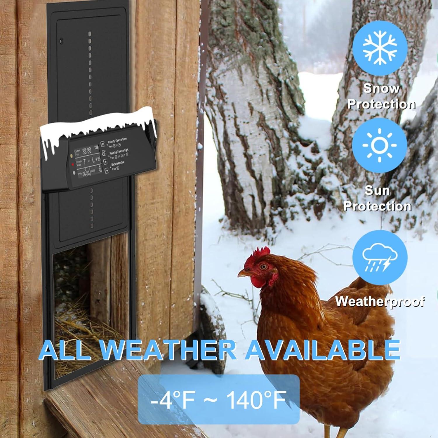 Automatic Chicken Coop Door Opener Solar Powered, Large for Run Chicken | LED Screen, Timer, Light Sensor, Manual & Remote Control, Anti-Pinch, Aluminum Alloy, Abnormally Open Close Auto Alarm