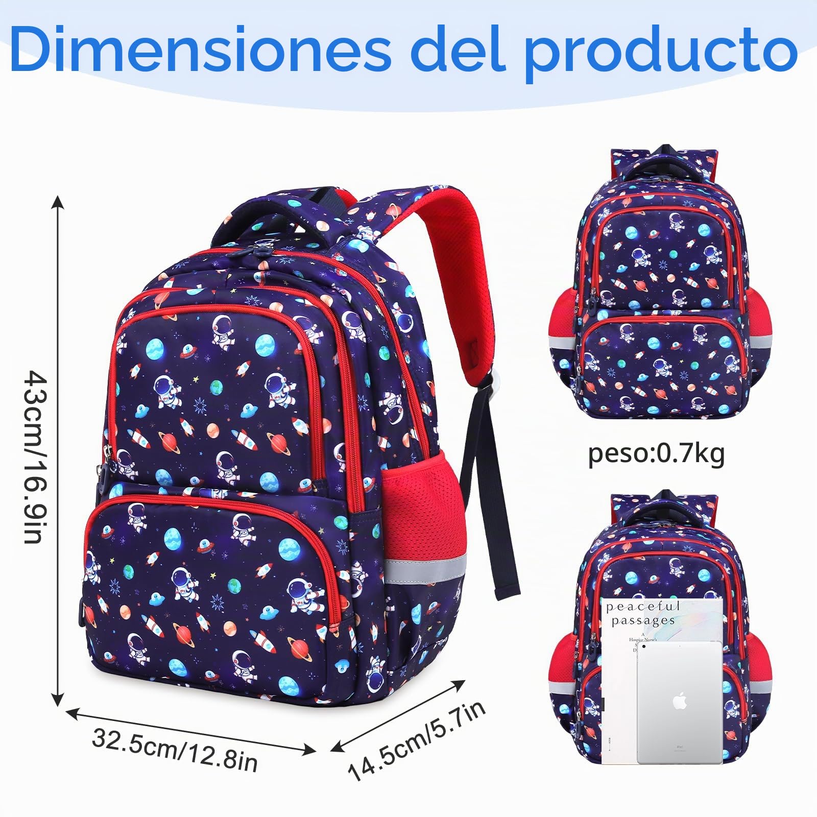 decalsweet Mochila Escolar Niño con Correa de Pecho, Mochila Infantil con Rayas Reflectantes, Gran Capacidad Mochila Niño, Mochila Escolar Adolescente para la Escuela y los Viajes (Astronautas)