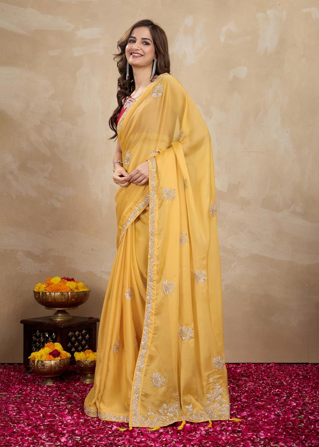 TRENDMALLS Women Satin Silk Embroidery Work Saree with Blouse Piece (K1097-Yellow-)