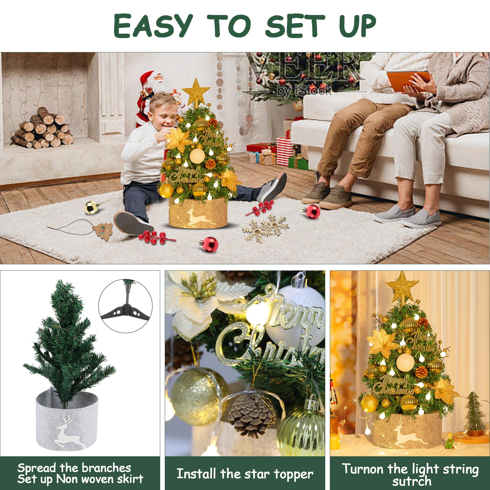 Mini Albero Di Natale Artificiale Da Tavolo 60 Cm Con Decorazioni (Luci, Palline E Stella) - Perfetto Per Scrivania, Soggiorno O Ufficio