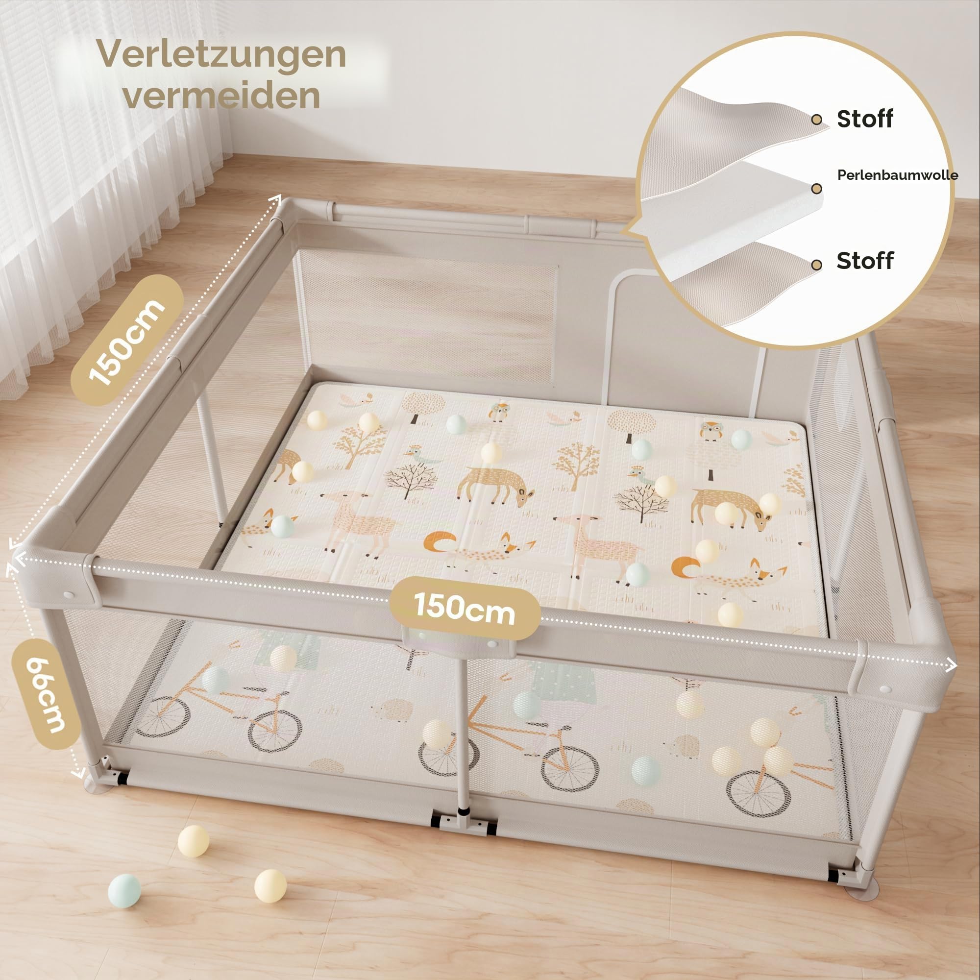 Laufstall Baby 150×150cm - XXL Laufgitter Baby mit Spielmatte, Laufgitter mit Atmungsaktivem Netz an Vier Seiten und Saugnäpfen