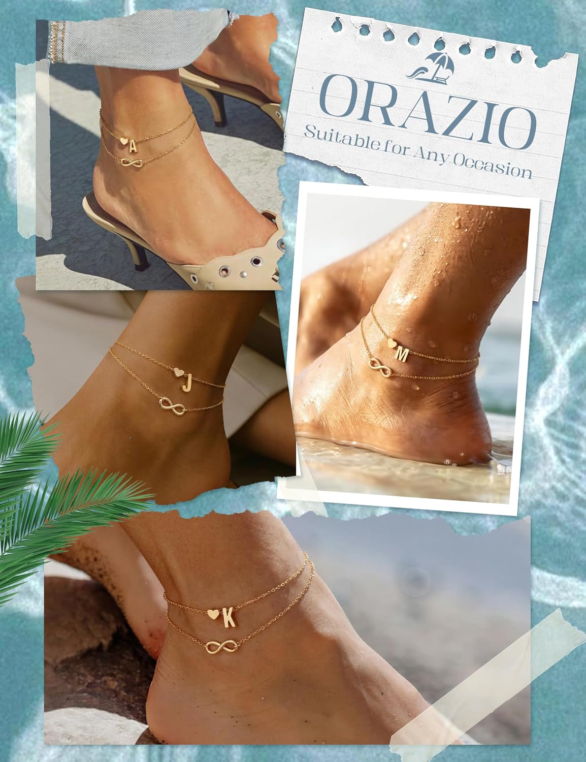 ORAZIO 925 Sterling Sliver Initial Ankle Bracelets for Women Infinity Heart | Waterproof 14K Gold Filled Layered Anklets for Women Non Tarnish Cute Summer Beach Foot Jewelry Gift Adjustable Size