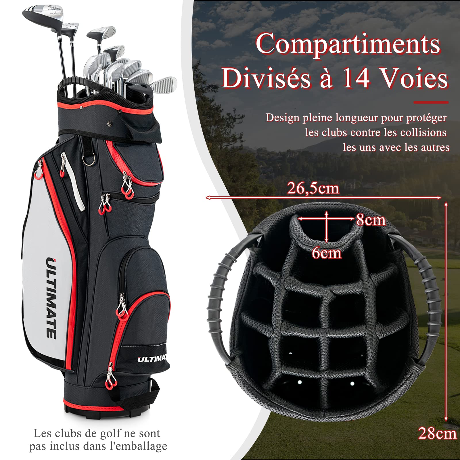 GYMAX Sac pour Chariot de Golf, Grande Capacité avec 14 Compartiments, 8 Poches, Sac pour Golf avec Capuchon de Pluie, Bandoulière