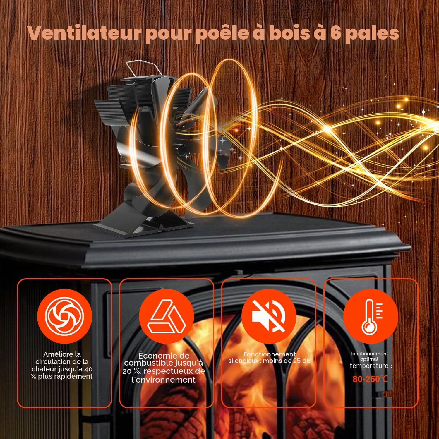 Ventilateur à bûches à 6 lames pour poêle à bois