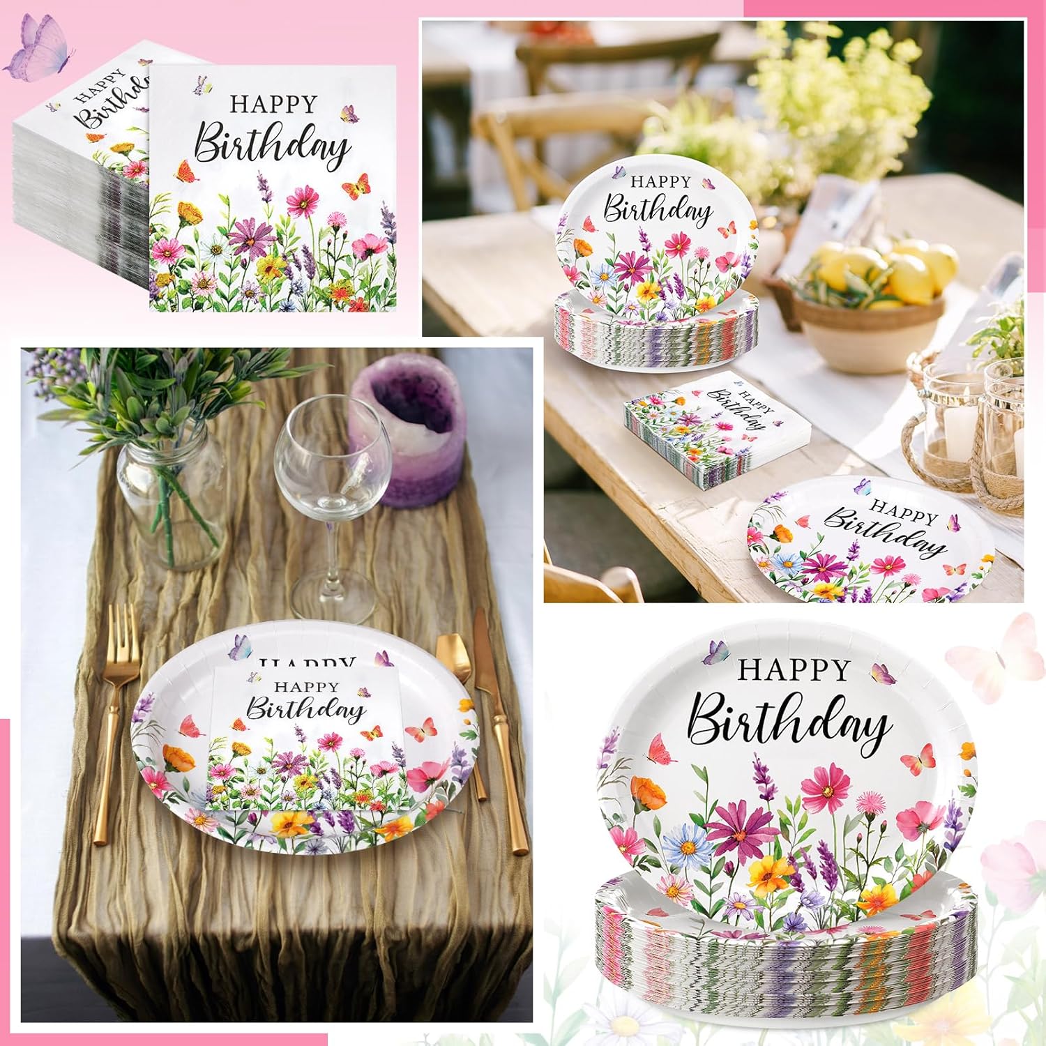 Potchen 50 Pcs Happy Birthday Wildflower Party Supplies Include 25 Oval Wildflower Paper Plates and 25 Colorful Floral Paper Napkins Birthday Tableware Decorative for Spring Summer Home Table Supplies