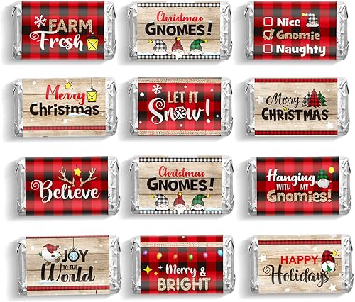 90 piezas de decoración de barra de caramelo de Navidad, a cuadros rojos y negros, mini chocolates de caramelo, calcomanías de envoltura de barra de