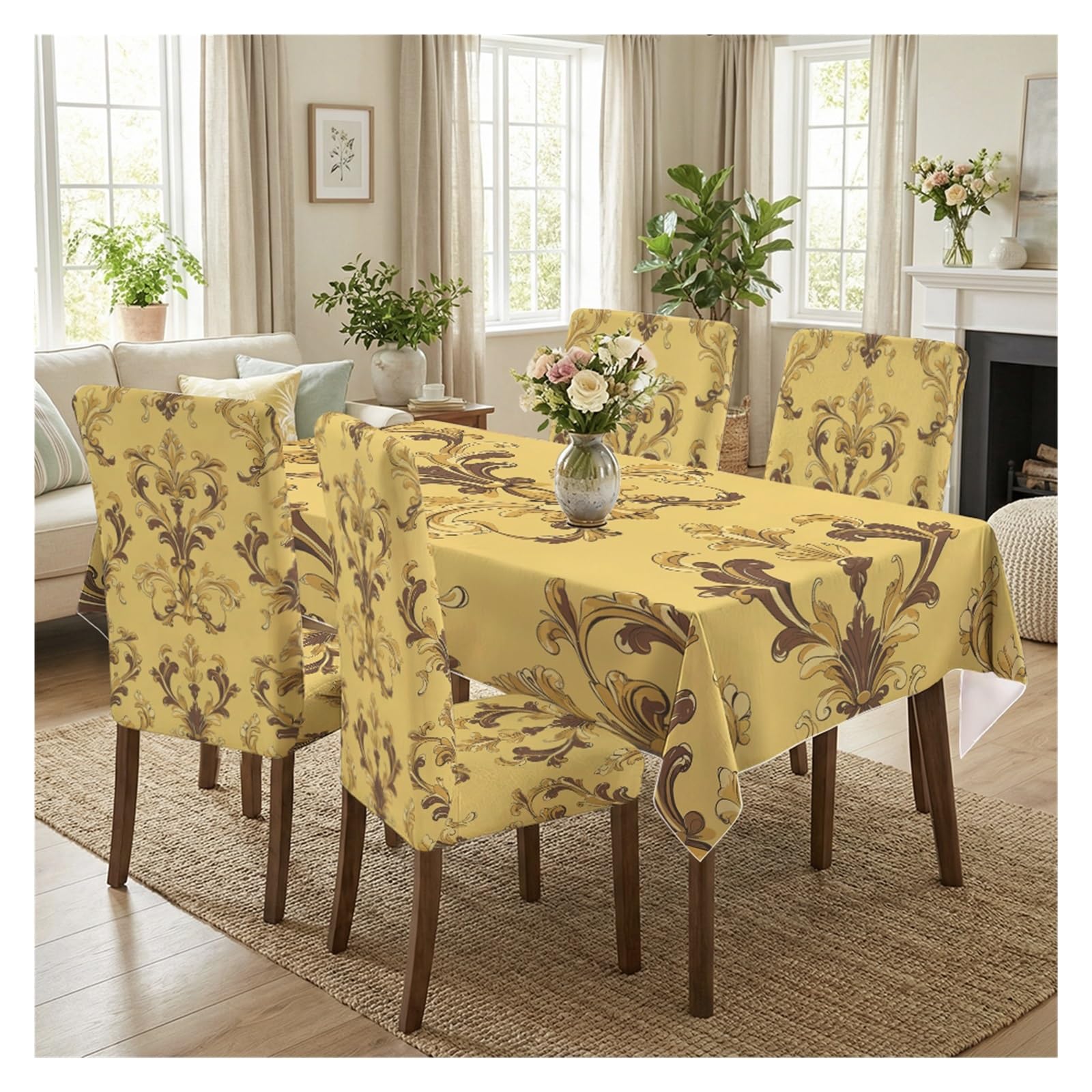KXUAUV Yellow Brown Damask Print Stretch Dining Chair Covers Tablecloth Set, For Kitchen Dining Living Room Luxury Decor, 5/7 Pack Party Decor(5pcs Set: Tablecloth+Chair Covers)